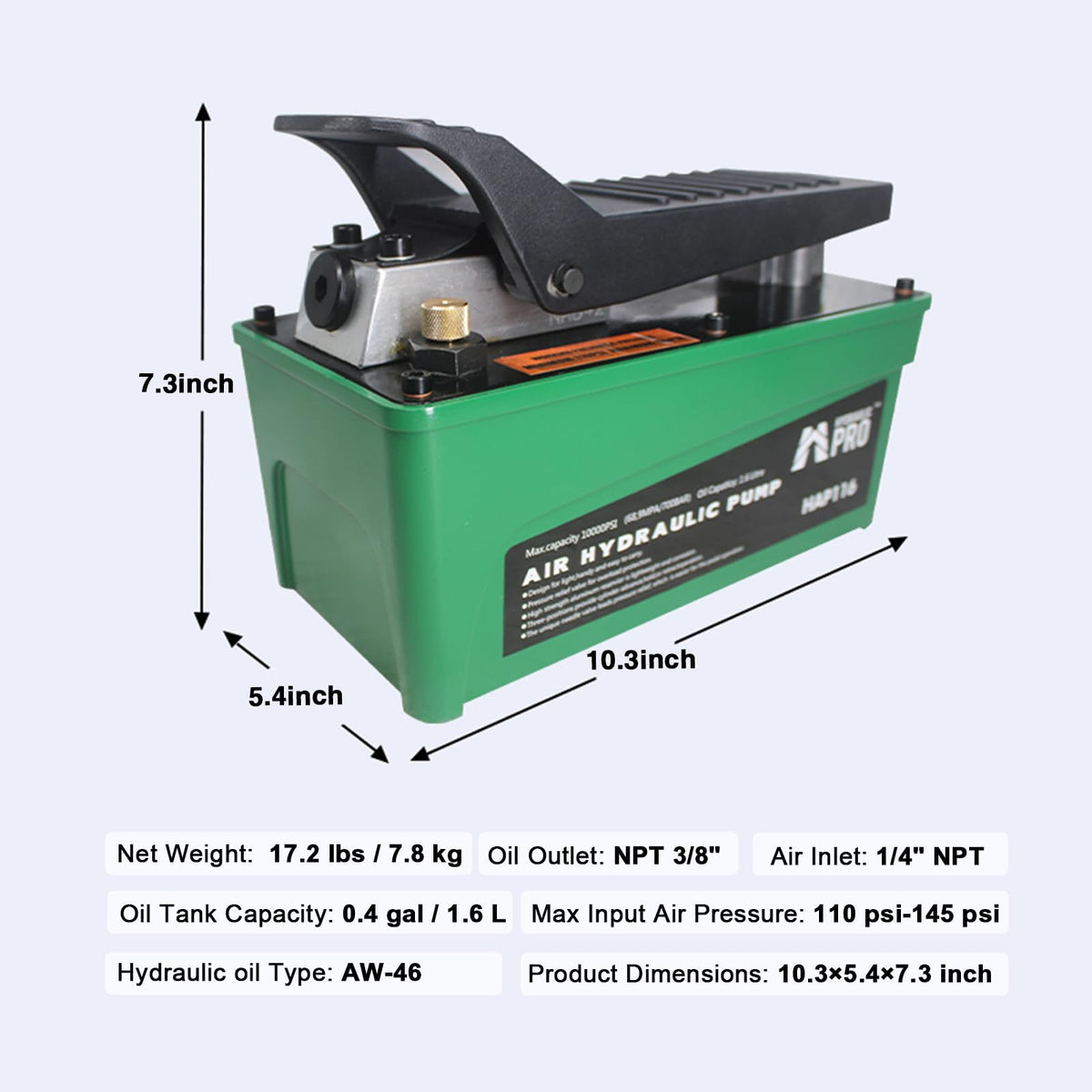 HYDRAULIC PRO 10,000 PSI Air Hydraulic Pump, 1.6L Reservoir, NPT 3/8" Oil Outlet, NPT 1/4" Inlet, Foot Pedal Operated, for Auto Body Frame Machines, Hydraulic Press, and Hole Punch, Green