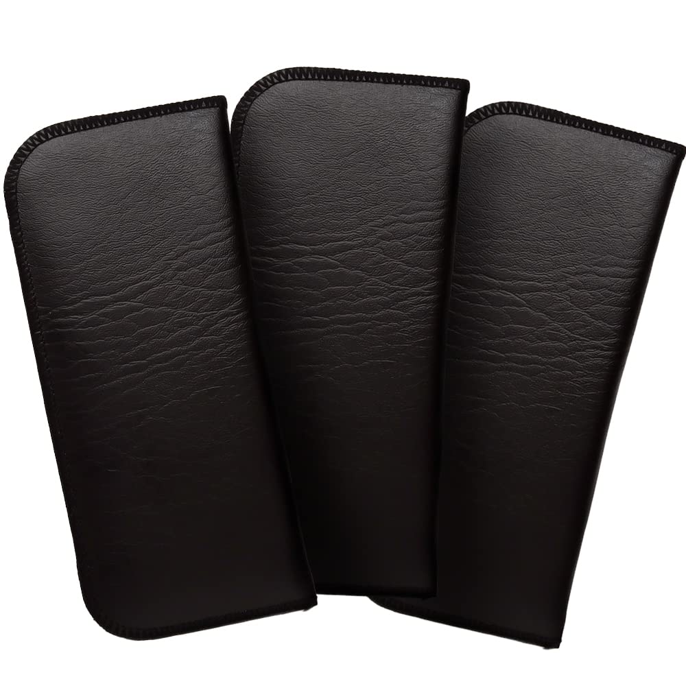 Calabria PU Flat Soft Eyeglass Case 3 PACK-BLACK Syn.Leather &Felt Lined NO CLIP