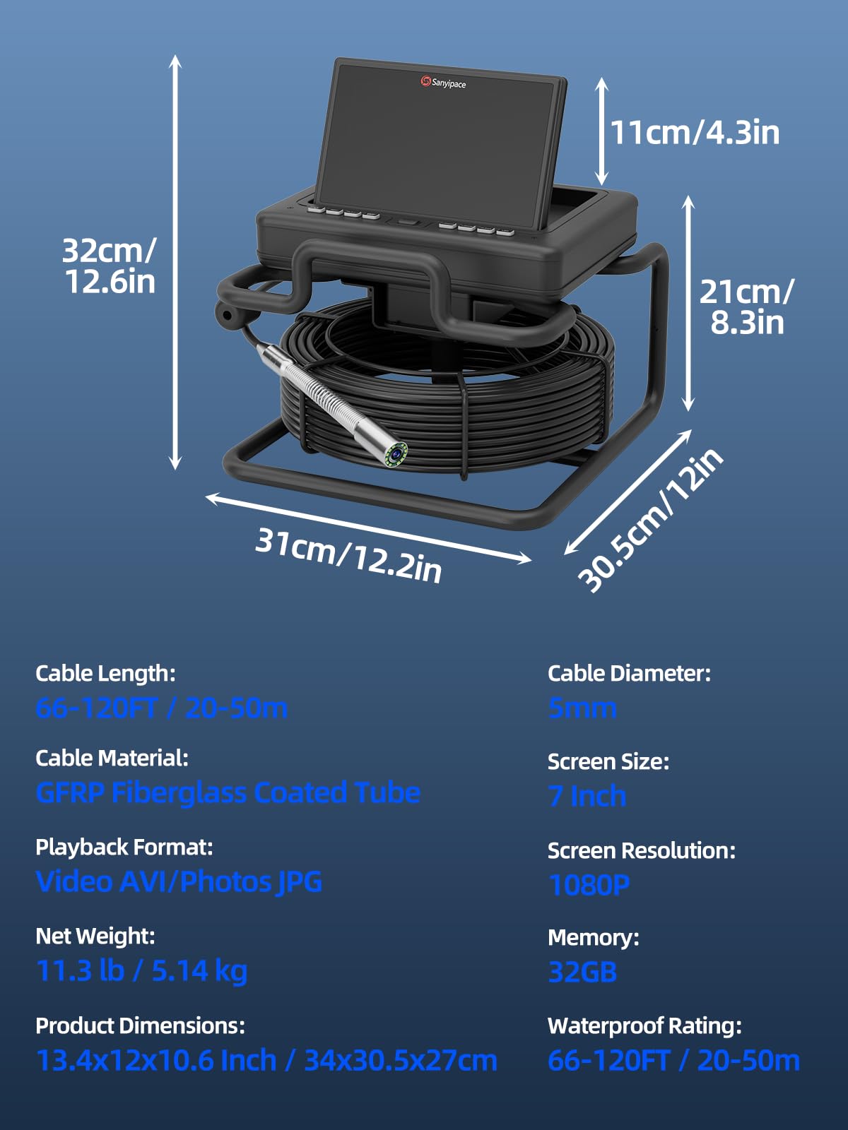 Sanyipace Sewer Camera 66FT/20M,7" IPS Pop-up Screen,20X Digital Zoom,Waterproof Drain Camera with Distance Counter,Plumbing Camera with MIC & Speaker,32GB Card for Sewer Line Plumbing Inspection