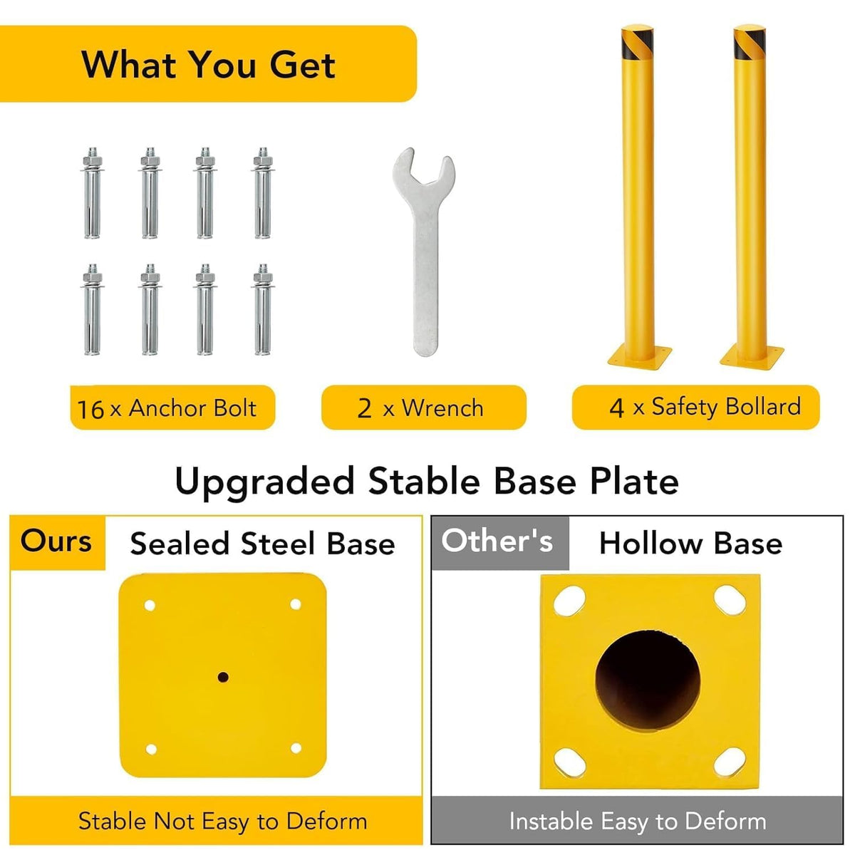 4 Packs 42 Inch Safety Bollard Post, 4.5 Inch Diameter Steel Pipe Bollard with 16 Anchor Bolts, Heavy Duty Yellow Steel Bollard for Parking Lot Security, Driveway Barrier, Warehouse Entrance