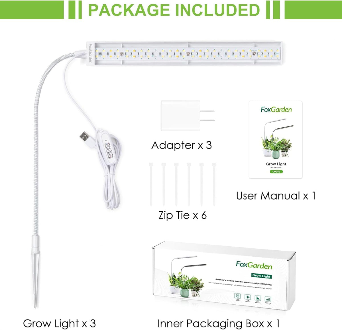 FOXGARDEN Grow Light for Indoor Plants Growing, Full Spectrum Gooseneck Plant Light for Indoor Plants,52 LED Bright Grow Lamp with Auto On/Off Timer 4/8/12H, 4 Dimmable Brightness,3 Pack