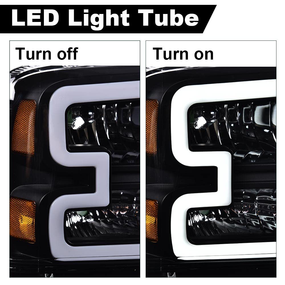 CHEDA LED DRL Headlights Assembly Compatible with 2005 2006 2007 Ford F250 F350 F450 F550 Super Duty bumper Headlamp(Clear lens Black Housing Amber Reflector) Faros Conjunto De Faros