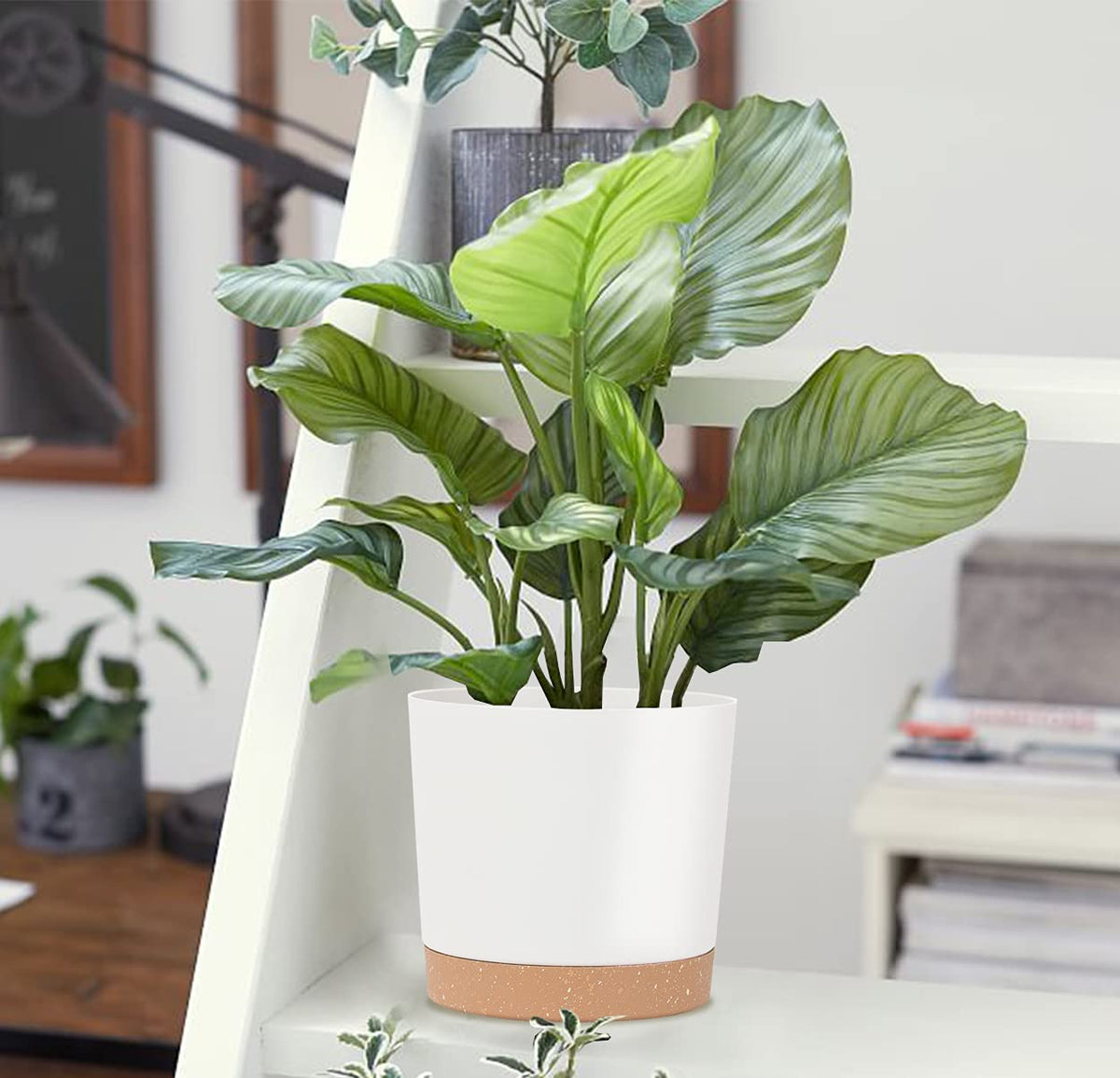 kubvici 8'' Plastic Flower Planter Pots Set of 2 Indoor Outdoor Planters with Drainage Saucer for Garden Home (Green & White, 8 inch)