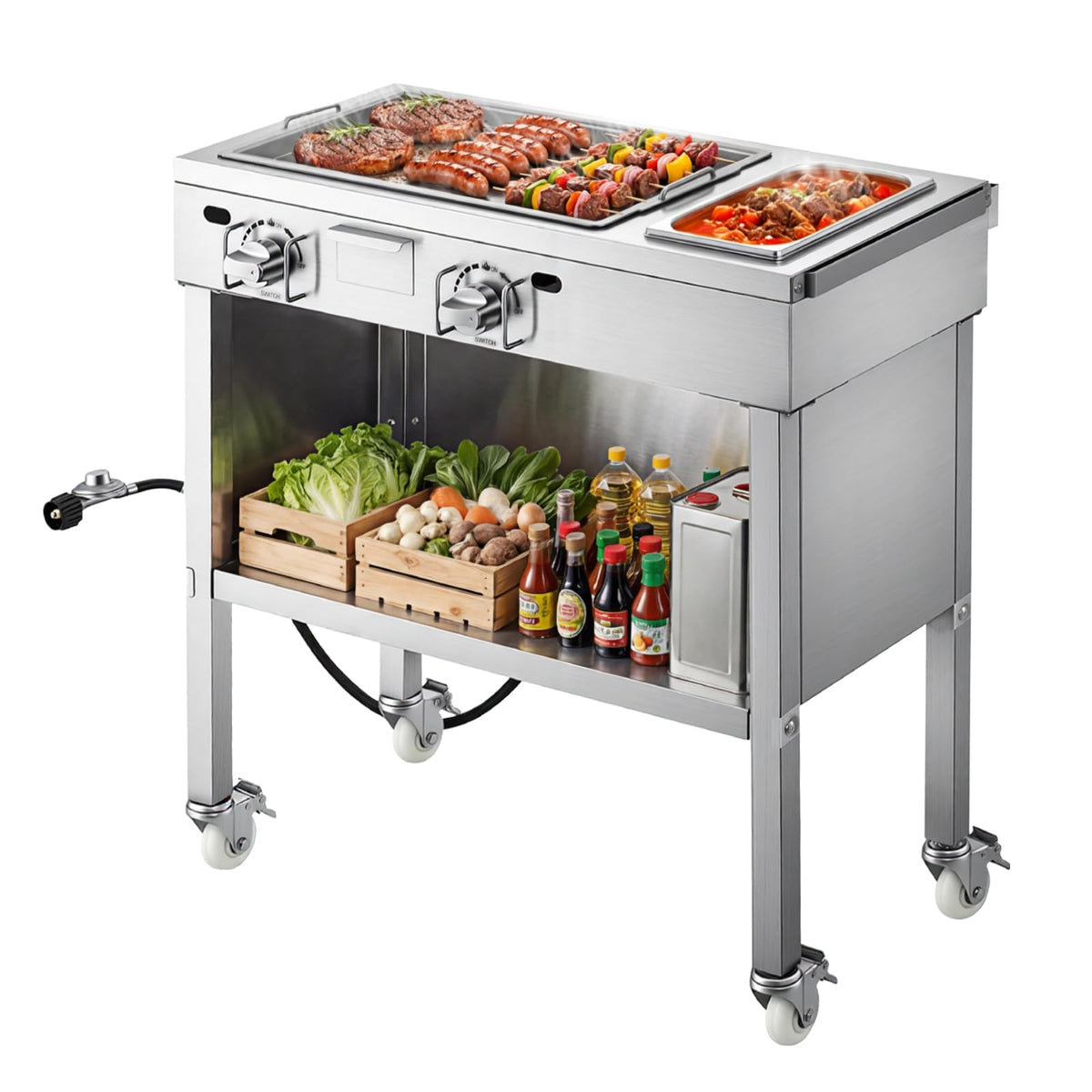 VEVOR Outdoor Propane Griddle, 2 Burners (11,600 BTU Each), Commercial Stainless Steel Gas Griddle Cart with 4 Lockable Wheels, 1/3 Food Pan, Easy-Grip Side Handle, Ideal for Hot Dogs, Burgers & Meats