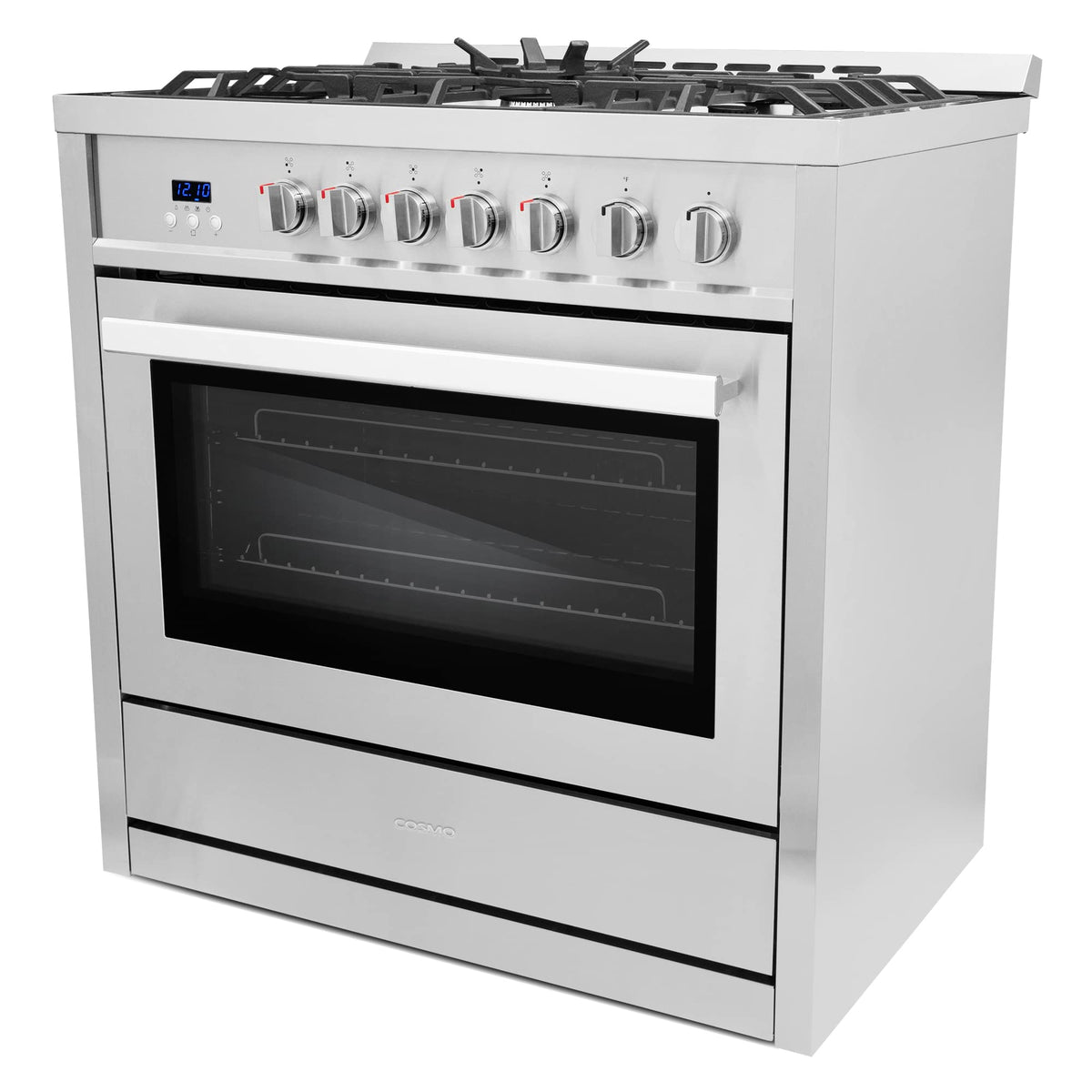 COSMO COS-965AGC 36 in. Gas Range with 5 Burner Cooktop, 3.8 cu. ft. Capacity Rapid Convection Oven with 5 Functions, Heavy Duty Cast Iron Grates in Stainless Steel, 36 inches