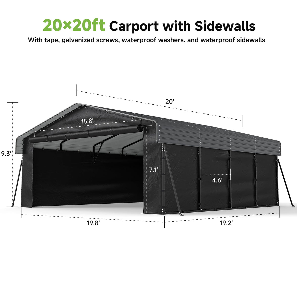 20x20FT Heavy Duty Metal Carport,Outdoor Garage with Removable Sidewalls & Doors, Heavy Duty Steel Frame and Galvanized Roof for Cars and Boats, Gray