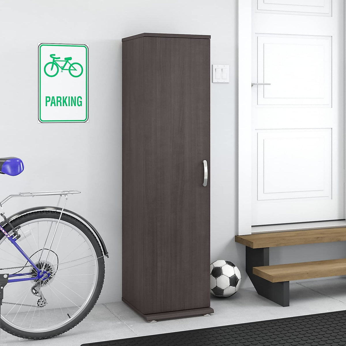 Bush Business Furniture Universal Tall Narrow Storage Cabinet with Door and Shelves in Storm Gray