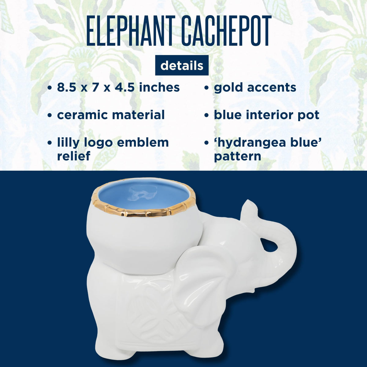 Lilly Pulitzer Small Elephant Shaped Cachepot Planter for Indoor Plants, Ceramic Pot with Gold Accents (Coconut)
