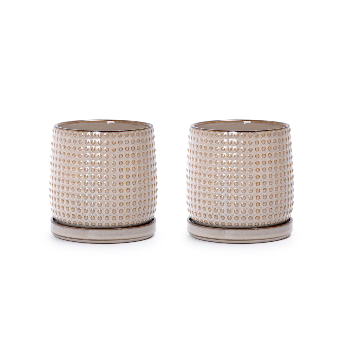 D'vine Dev Set of 2 Ceramic Plants Pots, 4 Inch Beaded Stoneware Flower Pot for Plants with Drainage Hole and Saucer, Light Brown, 27-E-Z-4
