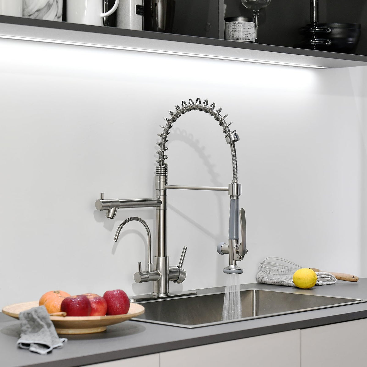 Fapully 3 in 1 Kitchen Faucet with Water Filler and Pull Down Sprayer,Brushed Nickel Commercial Kitchen Sink Faucet with Drinking Water Faucet
