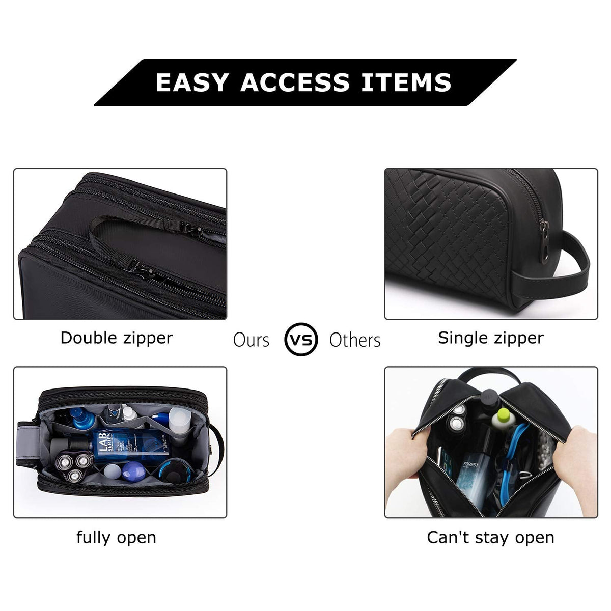 BAGSMART Toiletry Bag for Men, Travel Toiletry Organizer Dopp Kit Water-resistant Shaving Bag for Toiletries Accessories, Door Room Essentials,Black-large