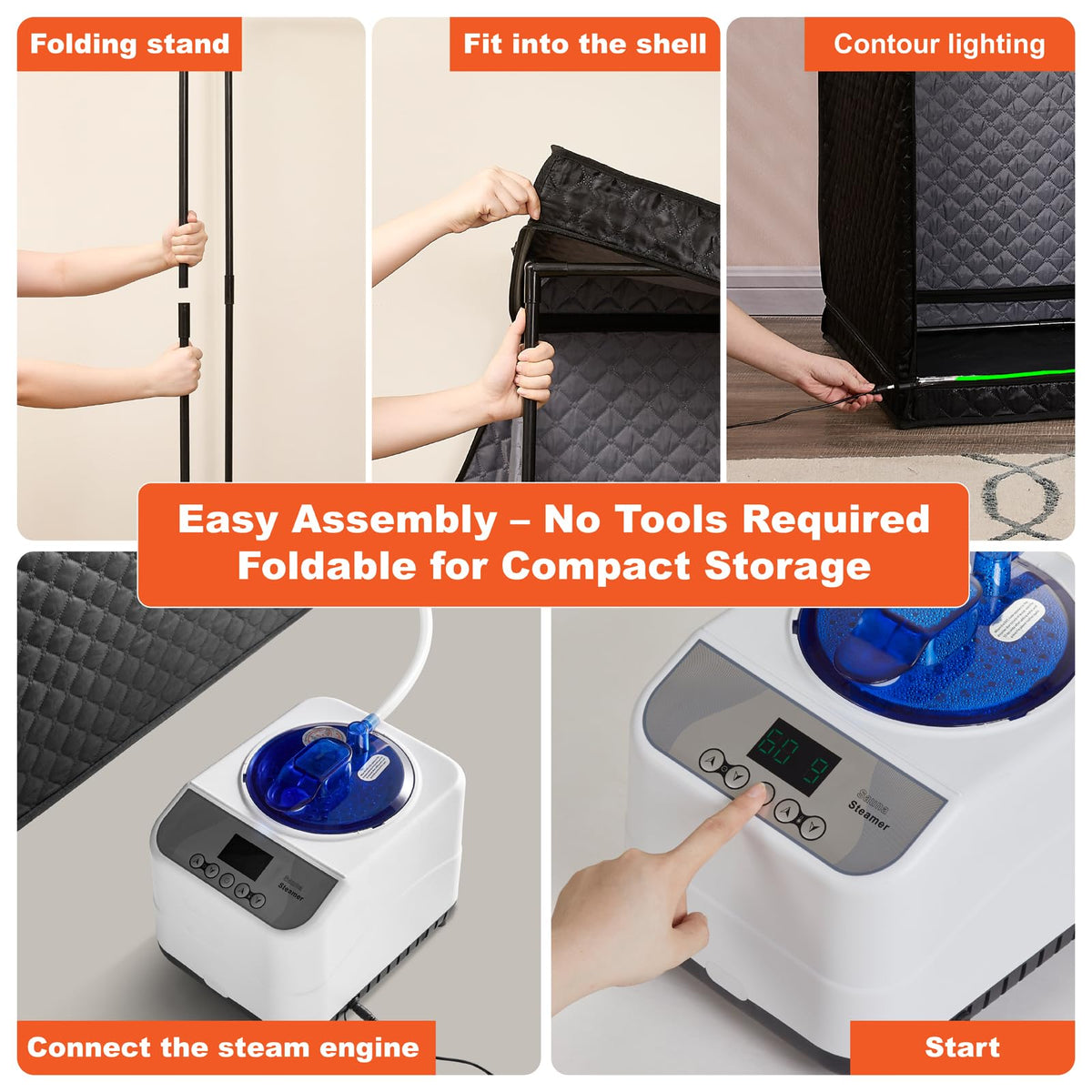UNANEST Portable Steam Sauna Tent for Home, Infrared Sauna, Tent with Clear View Door and Red Light, Black, Full Size Square Sauna for Home, 3L Steamer, 9 Heat Levels