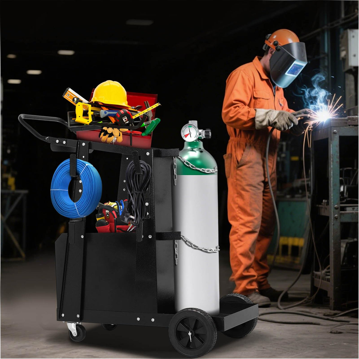FAHKNS Welding Cart - Heavy Duty Welding Carts for MIG Welder & Plasma CutterοΌWelding Cart with Large Capacity Lockable Cabinet, 360Β° Swivel Wheels, Cable HookοΌStatic Load Capacity 220 LBS