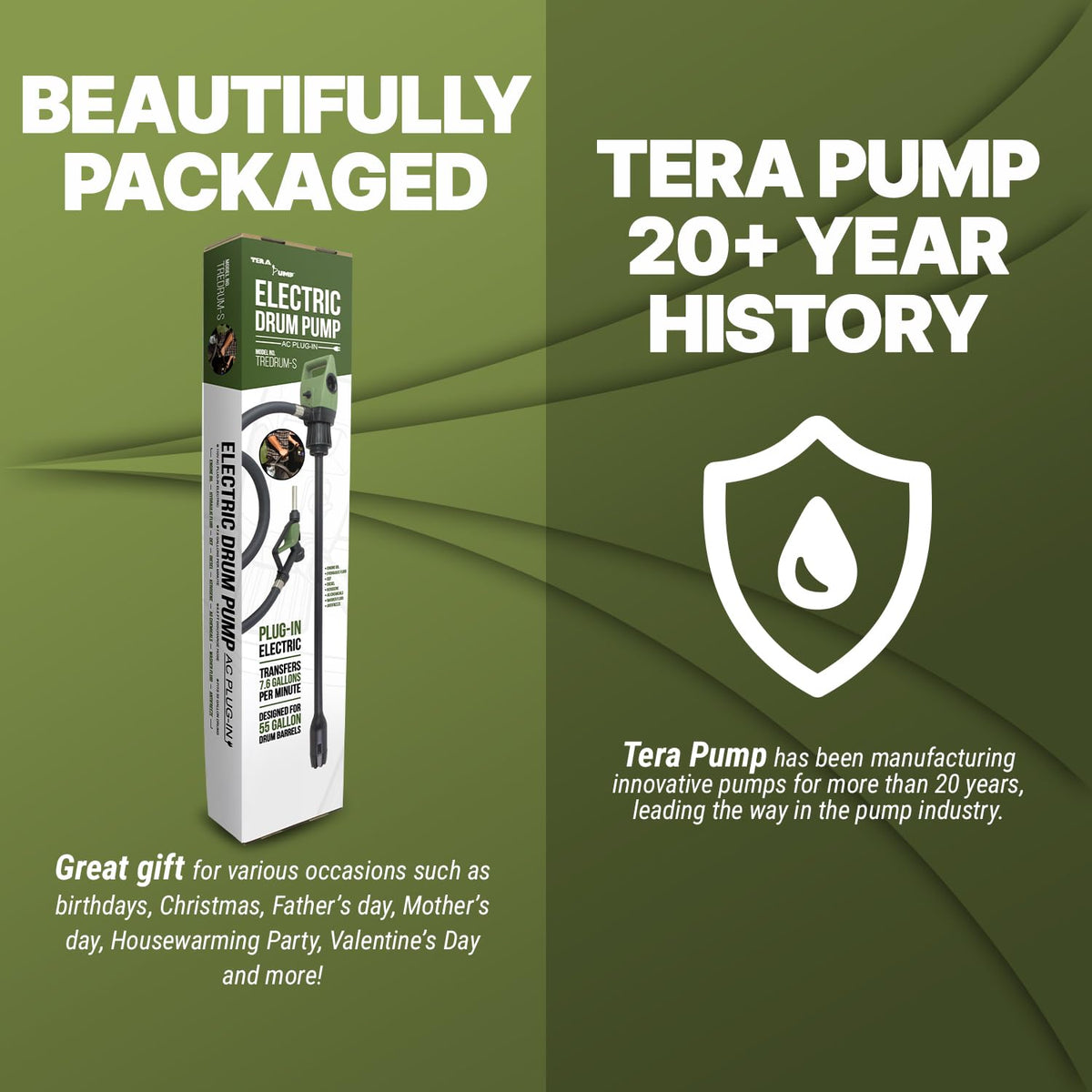 TERA PUMP Electric DC20V Drum Transfer Pump, Intake Filter-equipped, 55 Gallon Drums, Flow Control Nozzle, 7.6 Gal/Min