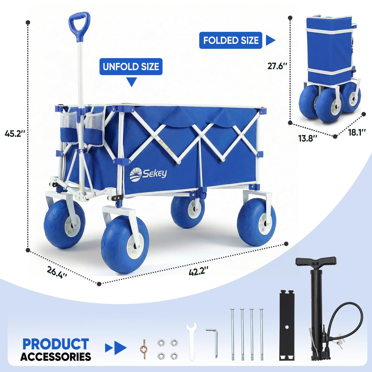 Sekey Heavy Duty Beach Wagon with 9" Wide Balloon Wheels, 600 lbs Capacity, 200L Large Foldable Wagon Cart, Adjustable Handle, All-Terrain Utility Cart for Beach Trips, Sports, and Outdoor Activities