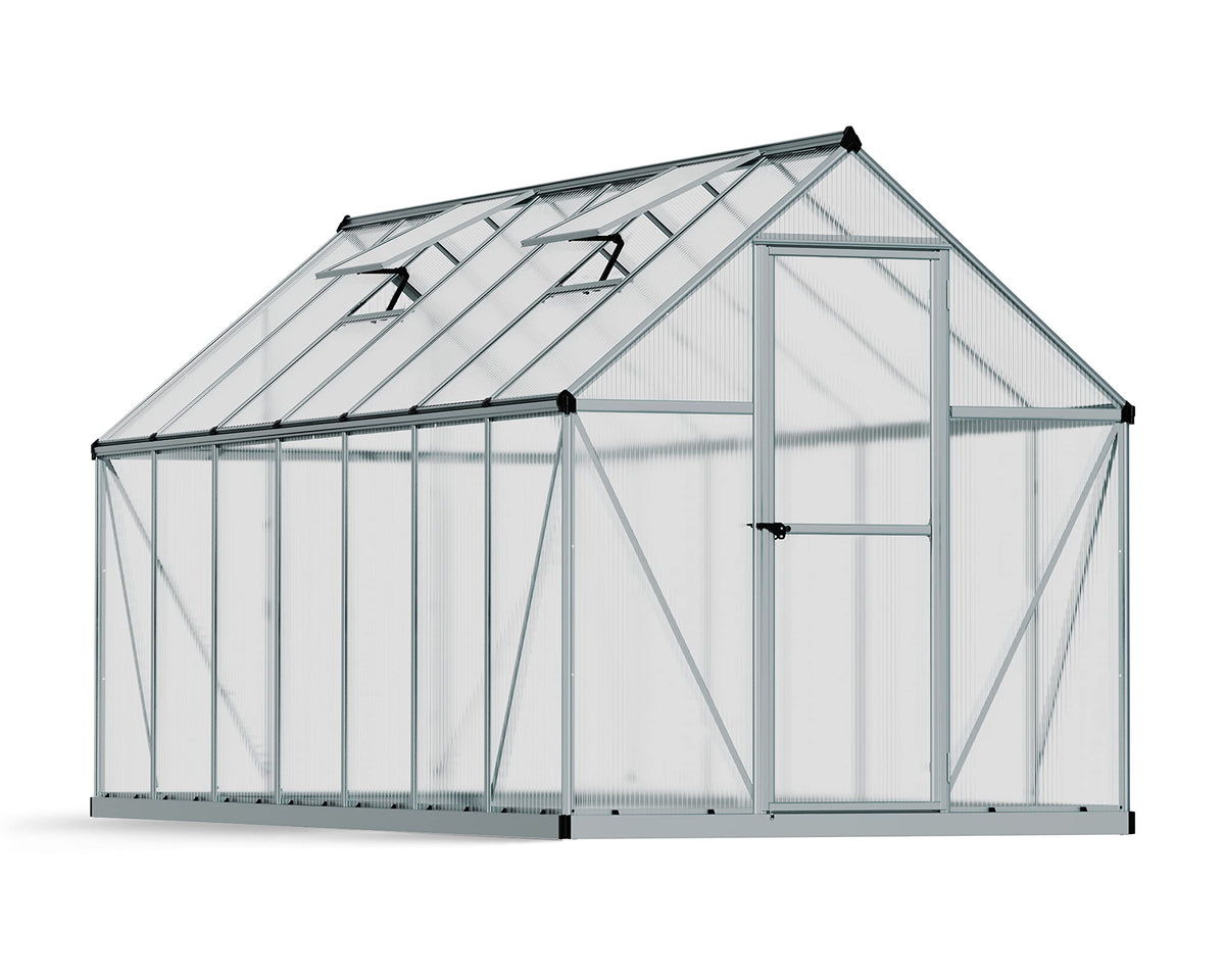 Palram - Canopia 6x14 Greenhouse Kit, Hobby Walk-In Twin-Wall UV Polycarbonate Heavy Duty Aluminum Frame, Lockable Door, Adjustable Roof Vent, Rain Gutters, Galvanized Steel Base, Mythos (Gray)