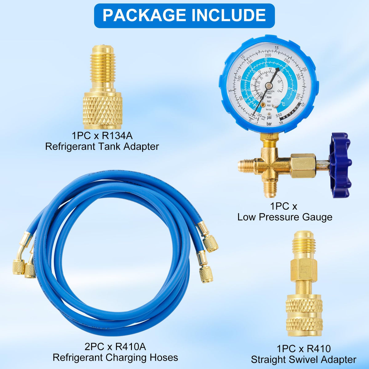 R410A Recharge Kit AC Charging Hose, R410A Manifold Gauge Set with R410A Mini Split Adapter 1/4 x 5/16, R134A Tank Adapter 1/4 SAE X 1/2, Low Pressure Manifold Gauge Hose 59ββ
