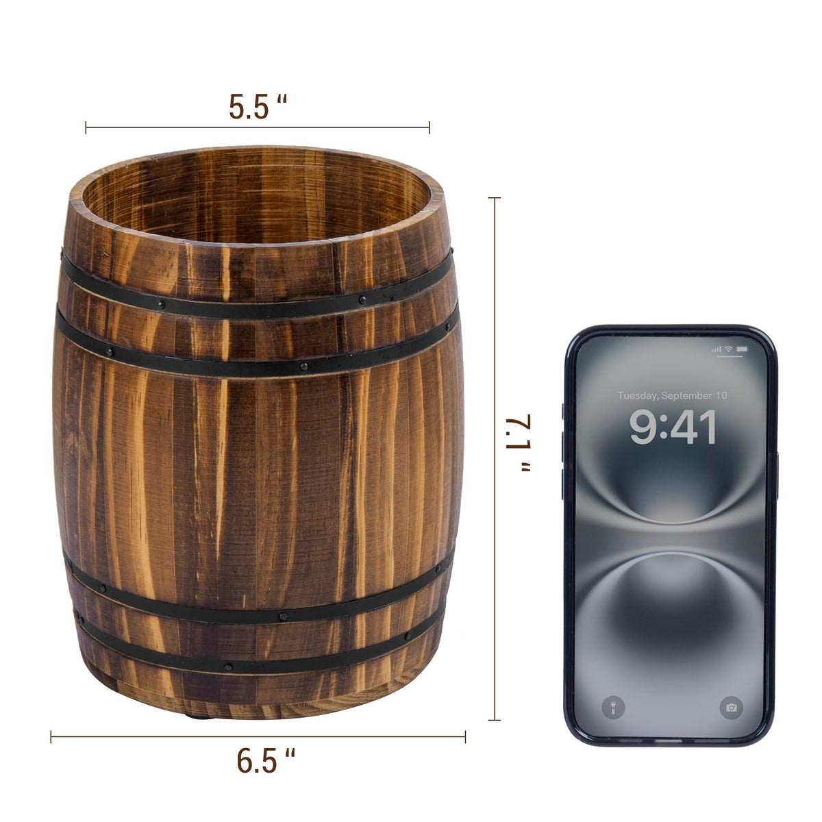 MyGift Wine Barrel Design Kitchen Utensil Crock, Vintage Rustic Burnt Wood Cooking Tool Holder