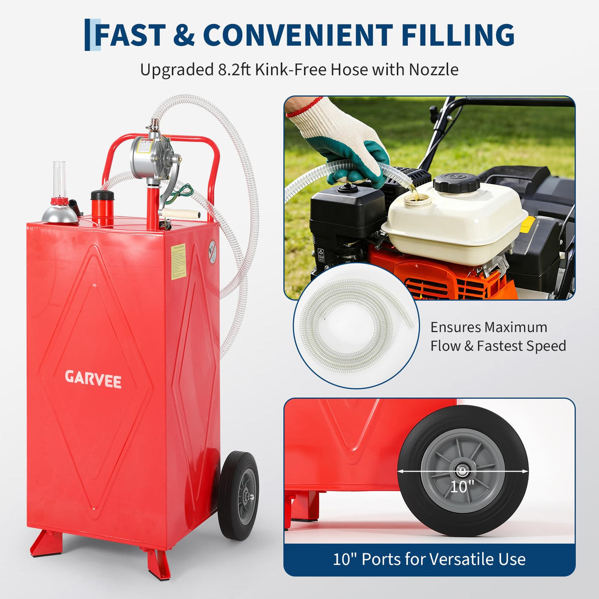 35 Gallon Fuel Gas Caddy Storage Tank, Portable Gas Caddy with Wheels, Manual Rotary Transfer Pump, Fuel Hose, Wide Fill Opening, Vent and Level Gauge, Mobile Gasoline Diesel Transfer Tank for ATV, Mower, Tractor, Car, Boat