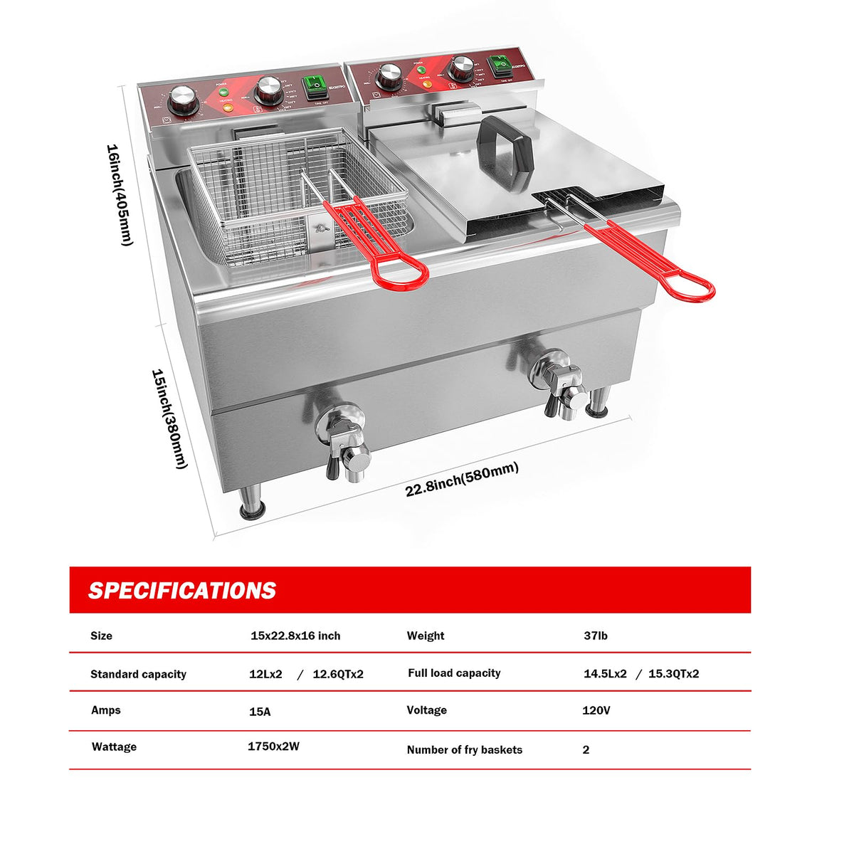 EGGKITPO Commercial Fryer Stainless Steel Electric Deep Fryer with Oil Filtration and Timer 24L Large Capacity Dual Tank Fryer with Baskets and Lids Countertop Deep Fryer for Restaurant Use 120V 3500W