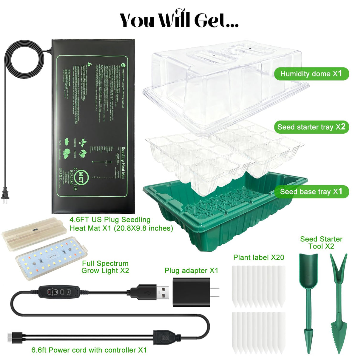 Seed Starter Tray with Grow Light and Heat Mat, Seed Starter Kit with Humidity Dome and Timing Controller, Adjustable Vent and Brightness, Ideal Germination Tray for Seed Starting and Seedling Growing