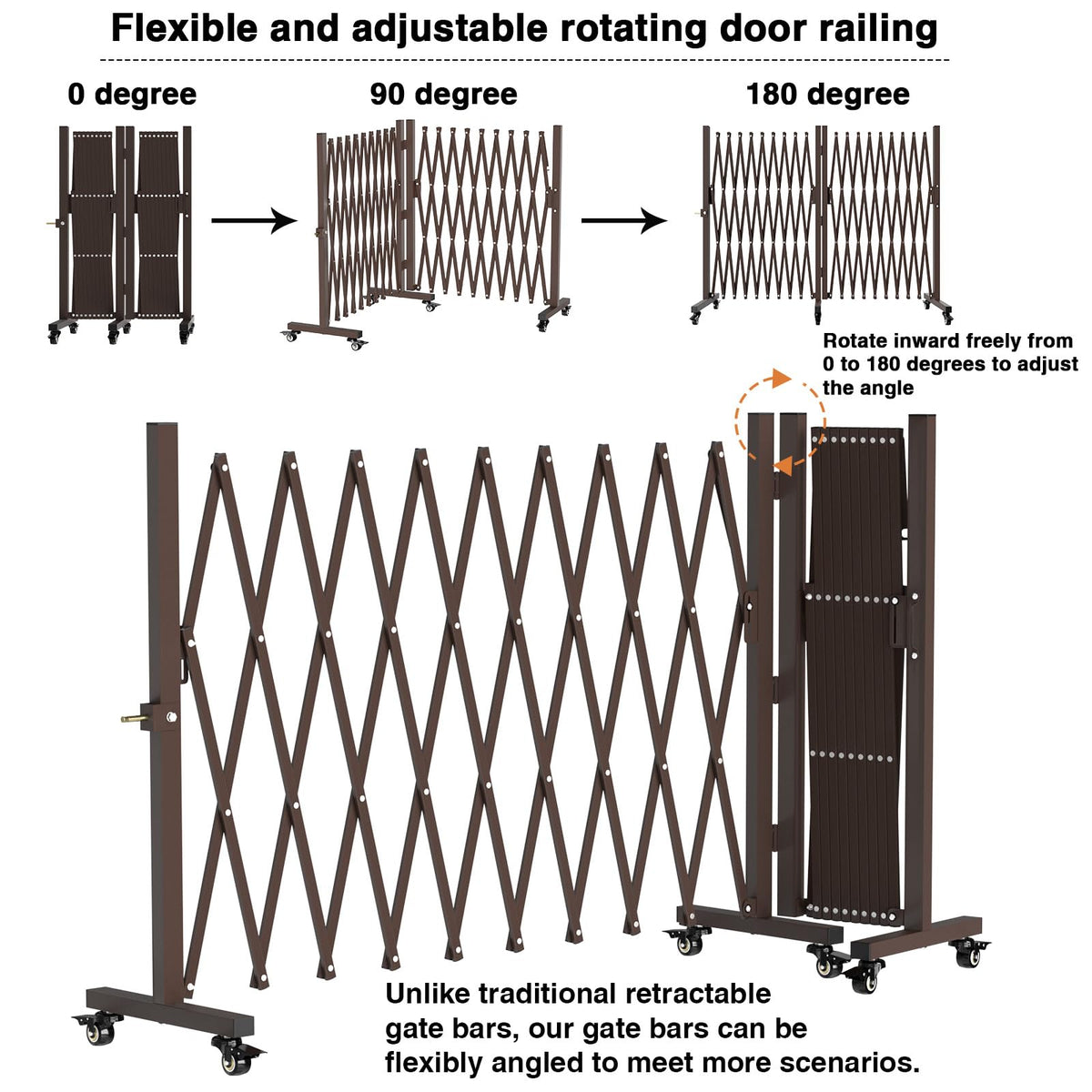 THEYFIRST Expandable Driveway Gate with Casters, Portable Metal Folding Security Gate, 209" Wide Aluminum Garden Fence, Outdoor Dog Fence for Yard in Coffee, 39.76 * 213