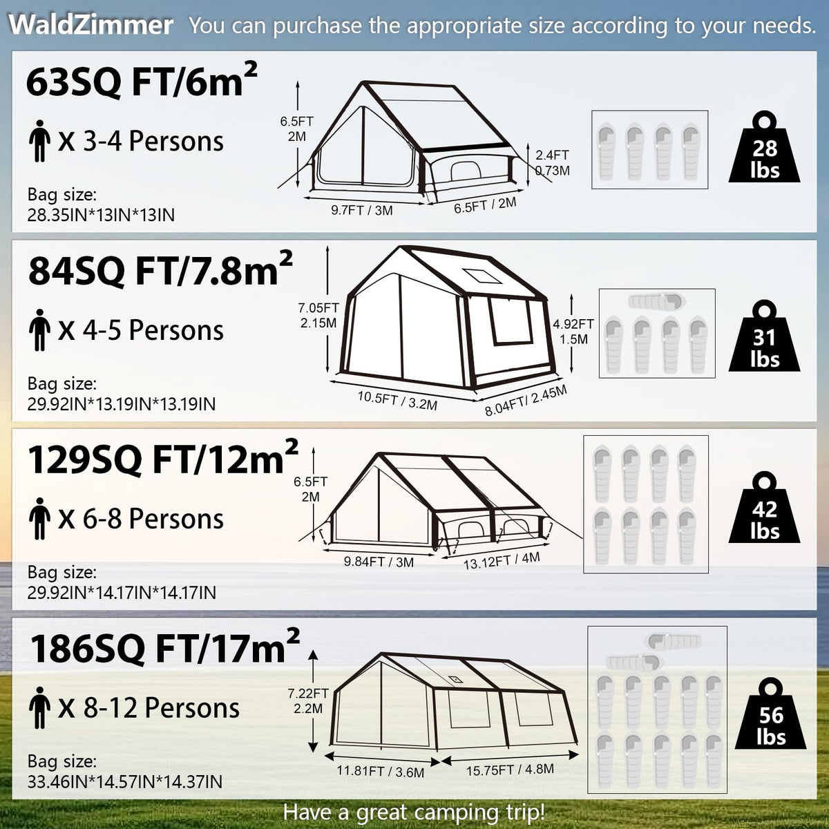 WaldZimmer 6sq Green Inflatable Camping Tent with Hand Pump Easy Setup Waterproof Windproof Outdoor Blow up Tent 3-4 Person Oxford 4 Season Glamping Air Tents Cabin House with Mesh Windows & Door