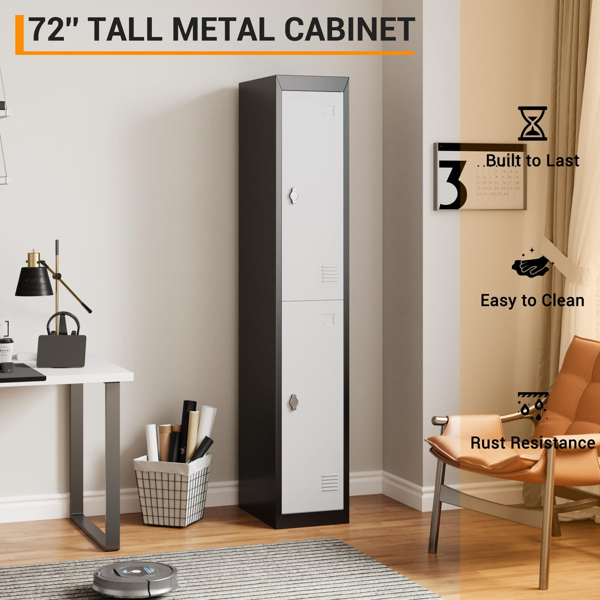 GAOMON 2 Door Tall Metal Locker with Key Employee Metal Locker, Lockable Heavy Duty Steel Employee Locker for Schools, Gyms, Homes, Offices, Utility Rooms, Grey and Black