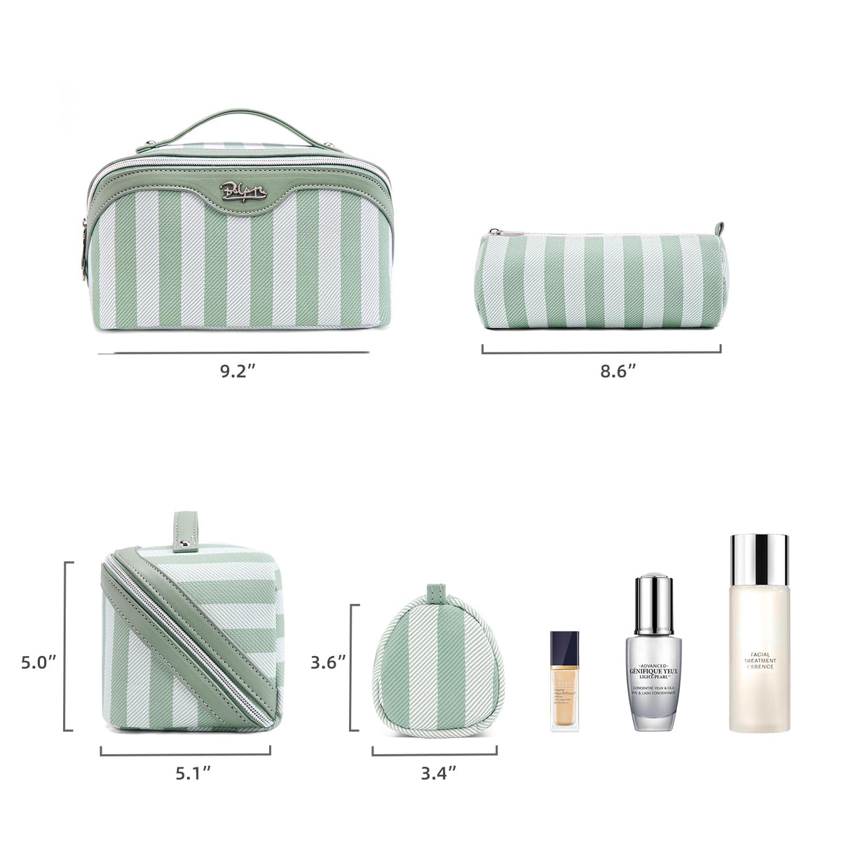 BOYATU Travel Makeup Bag Cosmetic Bag for Women: 3 Pcs Set Striped Make up Bag with Compartments - Waterproof Vegan Leather Toiletry Bag with Handle - Makeup Organizer for Travel Essentials(A-2-Green)