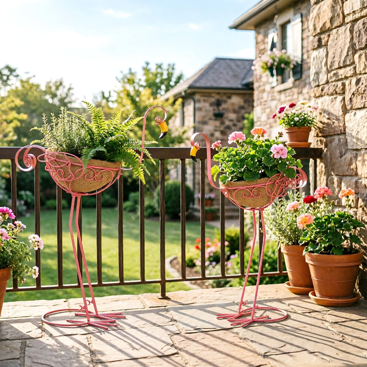 Derynome Pink Flamingo Garden Planters, Set of 2 Metal Flamingo Outdoor Planters with Basket, Flamingos Decorations for Indoor Outdoor Garden Decor