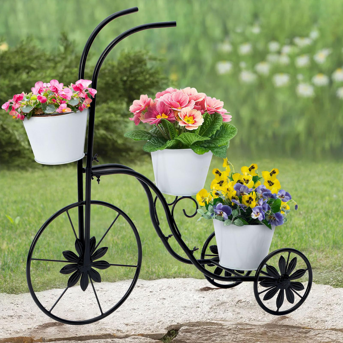 BAYN Bicycle Planter Stand, Metal Flower Pot Cart Holder Tricycle Planter with 3 Plant Bucket Outdoor Decorative for Patio, Deck, Garden or Lawn