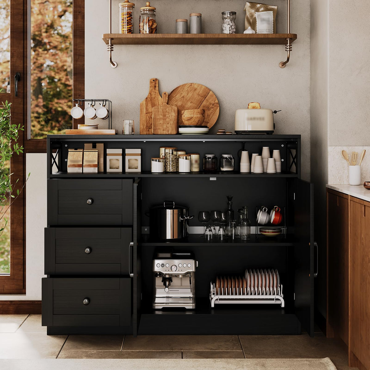 Farmhouse Buffet Cabinet with 3 Drawers & Open Shelf, Sideboard with Storage, 47" Kitchen Pantry Cabinet Hutch, Coffee Bar Station with Built-In Power Outlet for Kitchen, Dining Room- Black