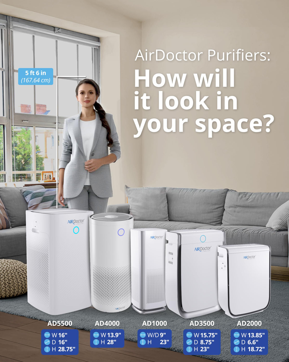 AIRDOCTOR AD5500i SMART 4-in-1 Air Purifier for Extra Large Spaces & Large Rooms- UltraHEPA, Carbon, VOC Filters Capture Particles 100x Smaller Than HEPA Standard with Extra HEPA Filters- Bundle.