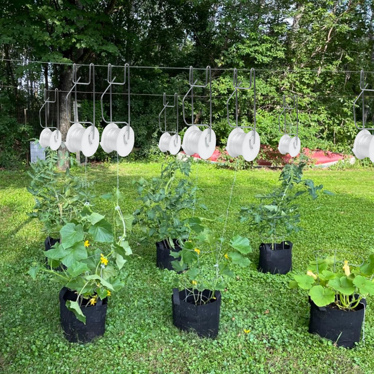 Hidbot Tomato Support Hooks with String,10 Pack Tomato Trellis Roller Hooks with 49.2FT String for Plant,Greenhouse Tomato Flower Vine Twine Crop Trellis Kit Tomato Plant Roller Hook