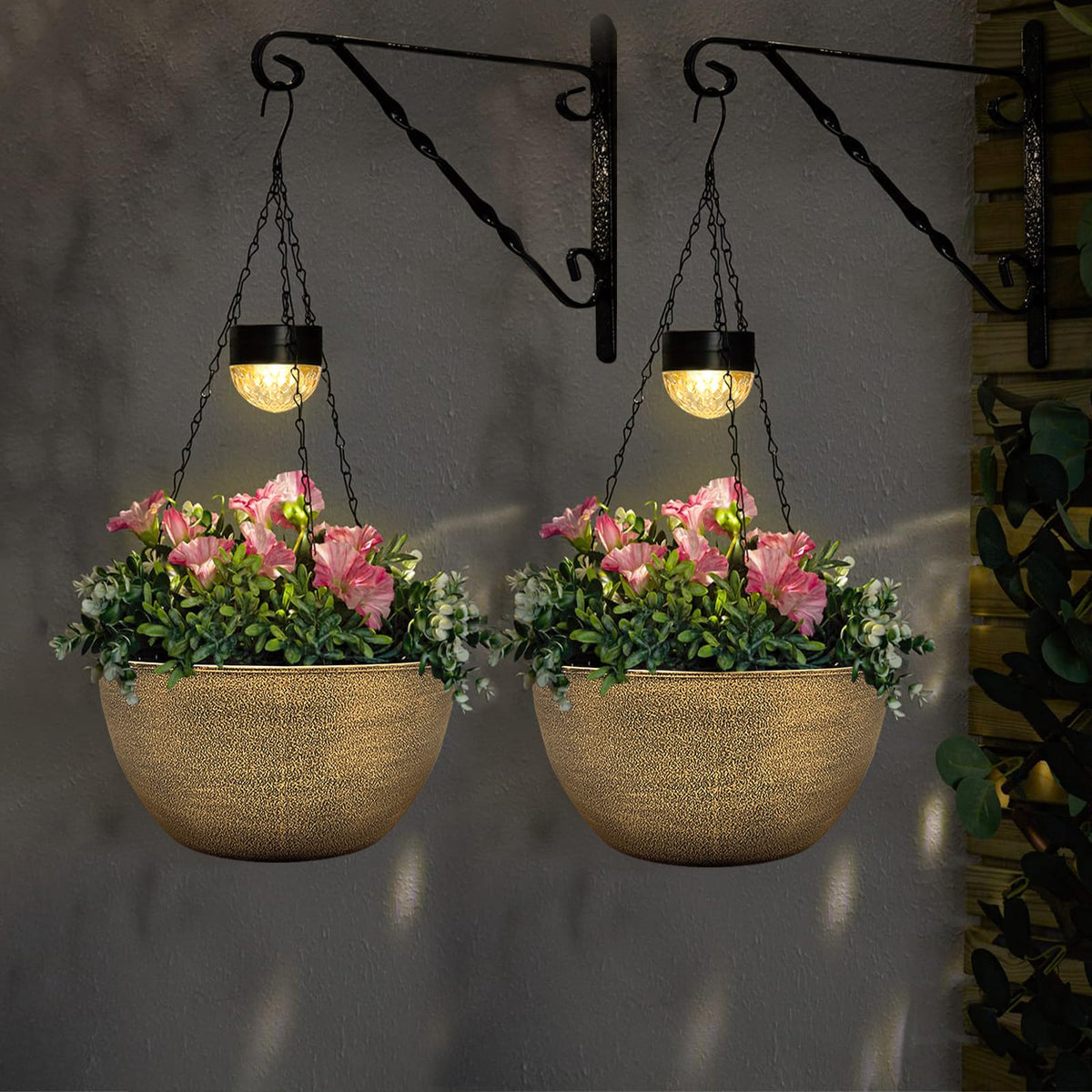 BAYN 2 Packs Solar Hanging Basket Planters for Plants Outdoor, Self Watering Copper Flower Plants Pots with Solar Light Drainer for Balcony Patio Garden Outdoor Decoration
