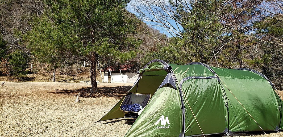 4 Person Tents for Camping, Ayamaya Tunnel Tent Camping with Vestibule 3-4 Person Waterproof, 2 Devided Rooms Bicycle Tent with Footprint for Bikepacking/Motorcycle Travel Hiking Mountaineering