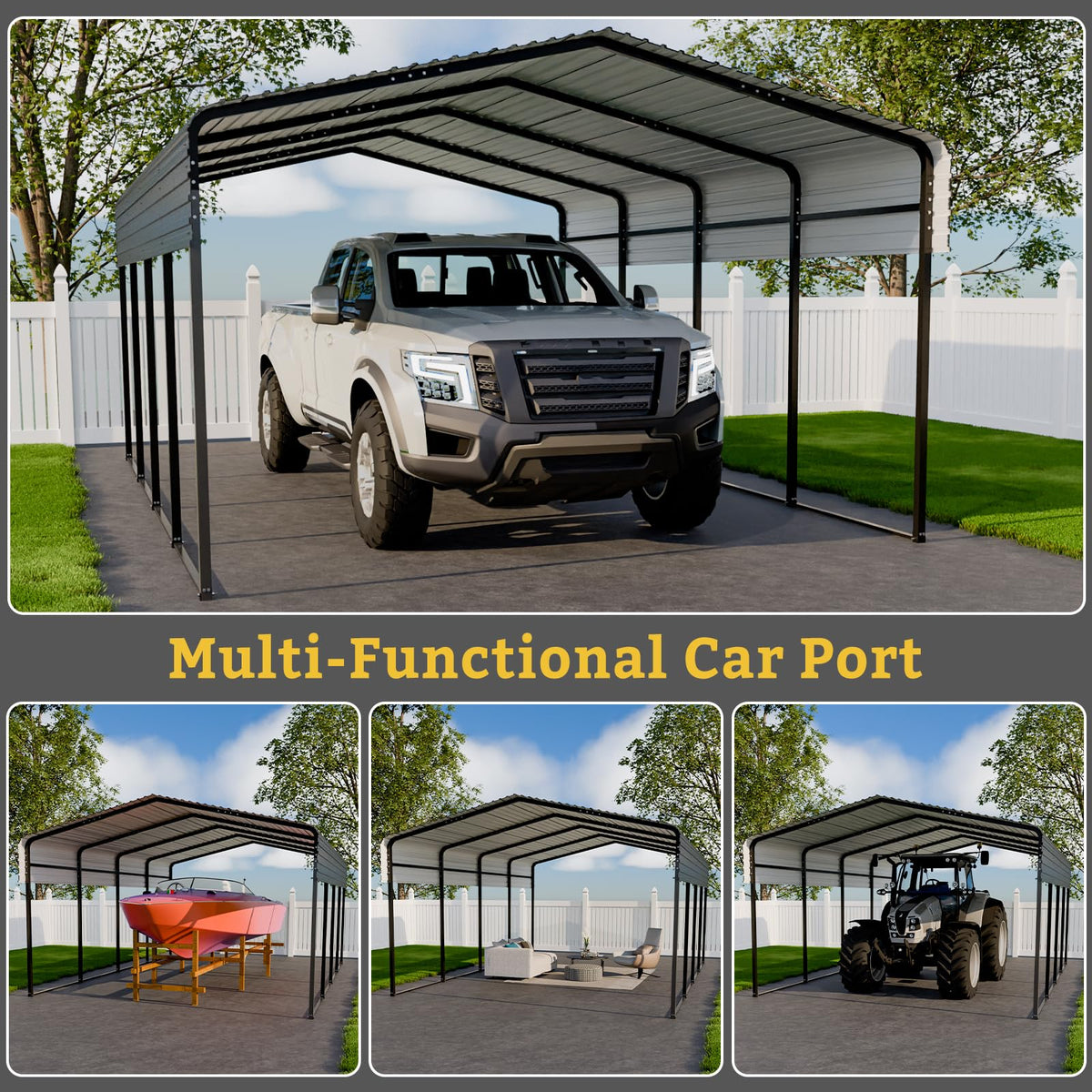 13x20FT Heavy Duty Metal Carport, Galvanized Steel Frame & Roof with Reinforced Base, All-Weather Outdoor Shelter for Vehicles, Boats and Outdoor Storage
