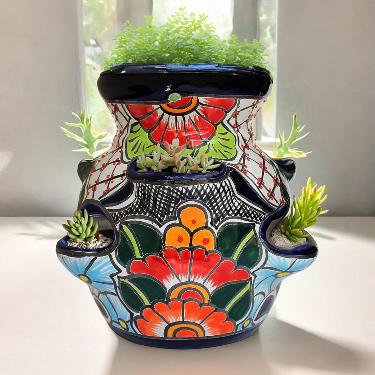 Evergreen Garden Talavera Mexican Strawberry Pottery Ceramic 10 inch Plant Pots | Flower Pots for Indoor Plants | Succulent Planters (10 in. Sky Blue)