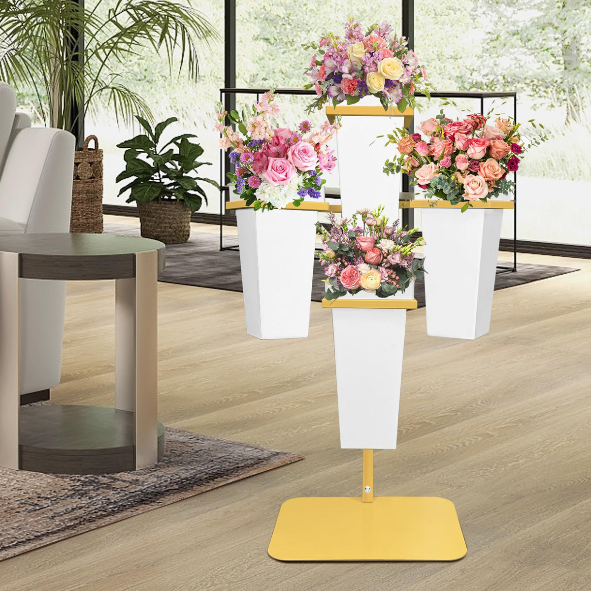 PROLEE Flower Display Stand with Buckets, Wedding Flower Cart Display Stand with Wheels,Flower Stand for Wedding Party, Events and Garden Decor (White)