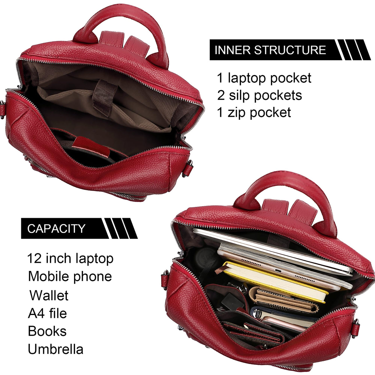 ALTOSY Genuine Leather Backpack Purse for Women Large Shoulder Bag With Laptop Compartment Multiple Pockets(S106 Red)
