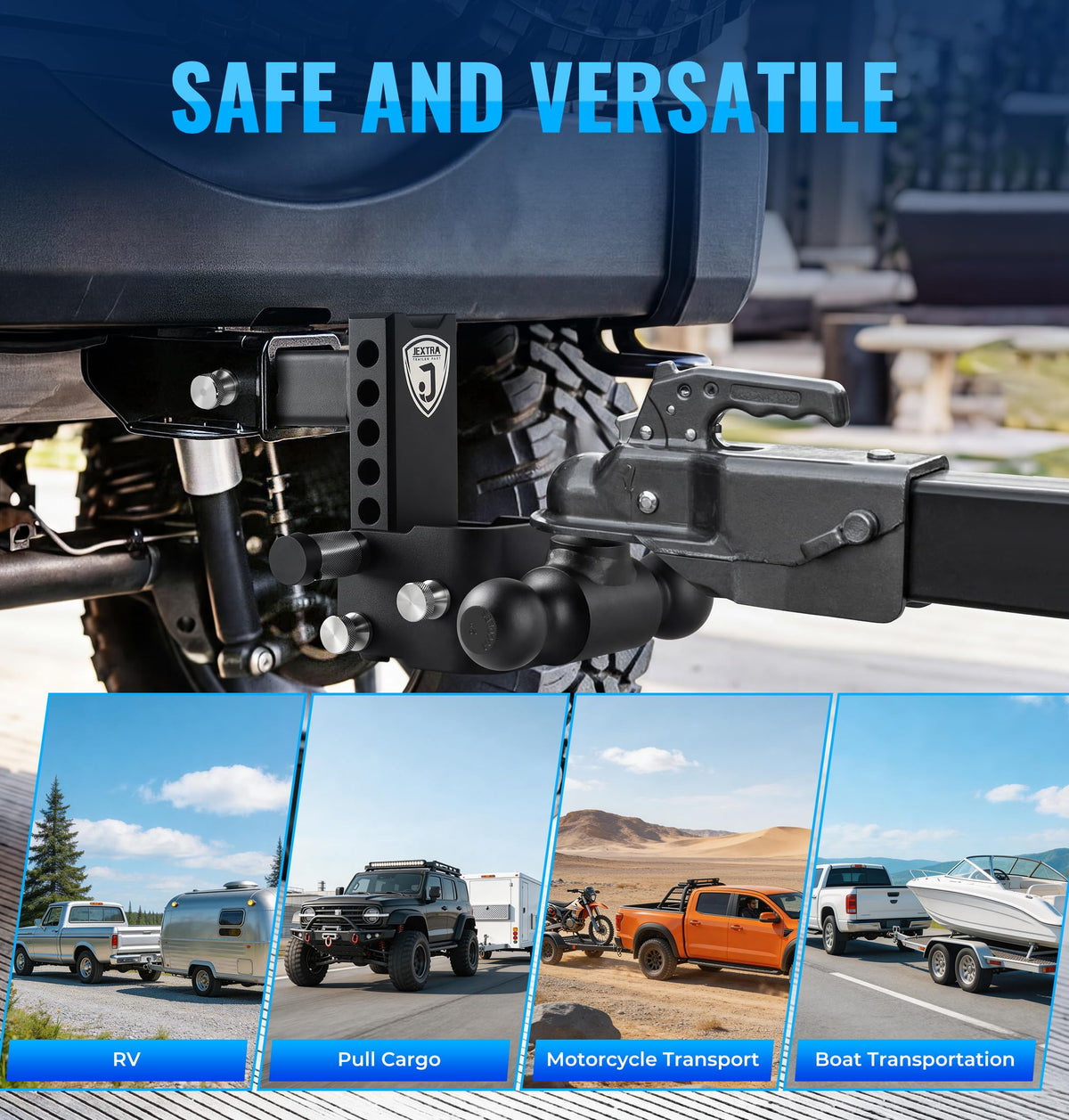 JEXTRA Adjustable Trailer Hitch Ball Mount, fits 2 Inch Hitch Receiver, 5" Rise & Drop Hitch Tri-Ball (1-7/8" x 2" x 2-5/16"),12,500 LBS GTW Trailer Hitch with Double Anti-Theft Locking Pins Black