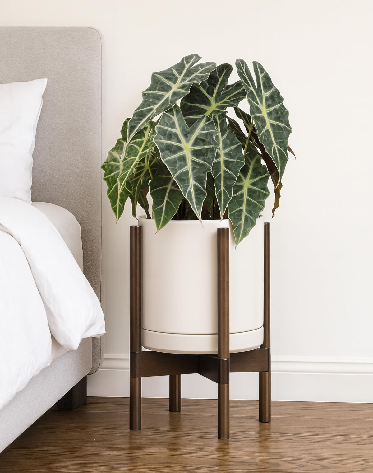 D'vine Dev Ceramic Planter with Walnut Color Stand - 10 Inch Modern Round Flower Pot with Wood Planter Holder, Oatmeal, 55-B-X-8