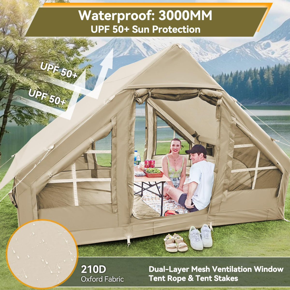 4-6 Person Inflatable Tents for Camping, Easy Blow Up Tent with Electric Pump, 4 Seasons Waterproof Air Inflatable Camping Tent House for Family Camping,Beige