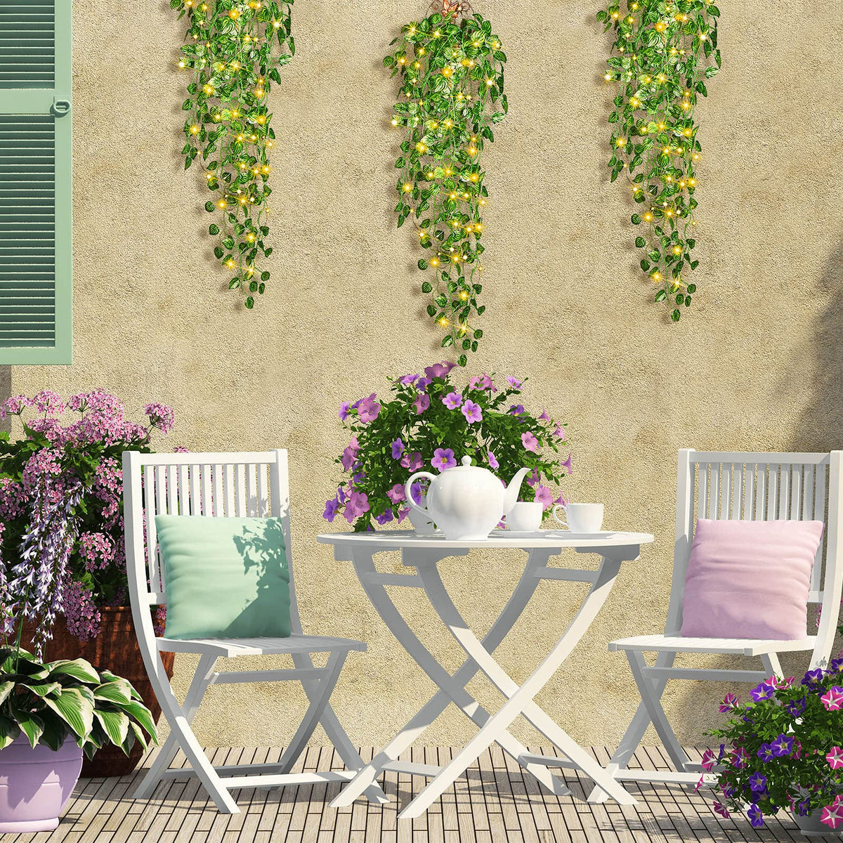 3 Packs LED Artificial Hanging Plants, 3.6 ft Fake Hanging Plant, Ivy Vine Fake Leaves Greeny Chain Wall Home Room Garden Wedding Garland Outside Decor (Basket Not Included) (Watermelon Leaves Style)
