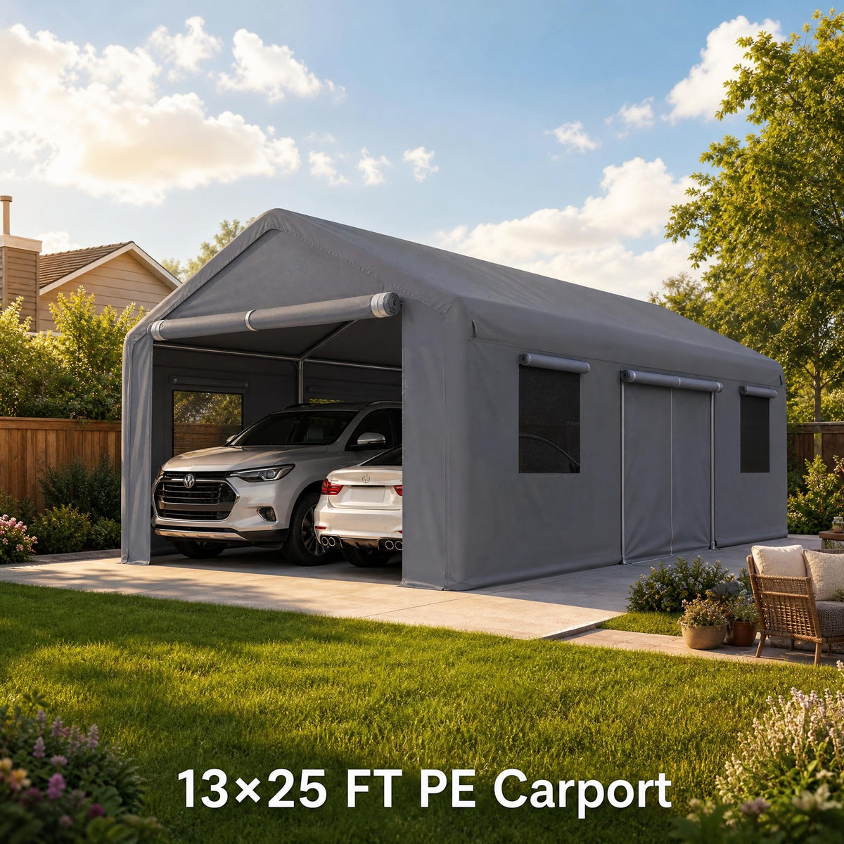 Takywep 13x25 FT Carport Canopy, Heavy Duty PE Car Shelter with Reinforced Steel Frame, Waterproof Outdoor Car Canopy for Vehicle, SUV, Truck, Boat, RV Parking, Gray
