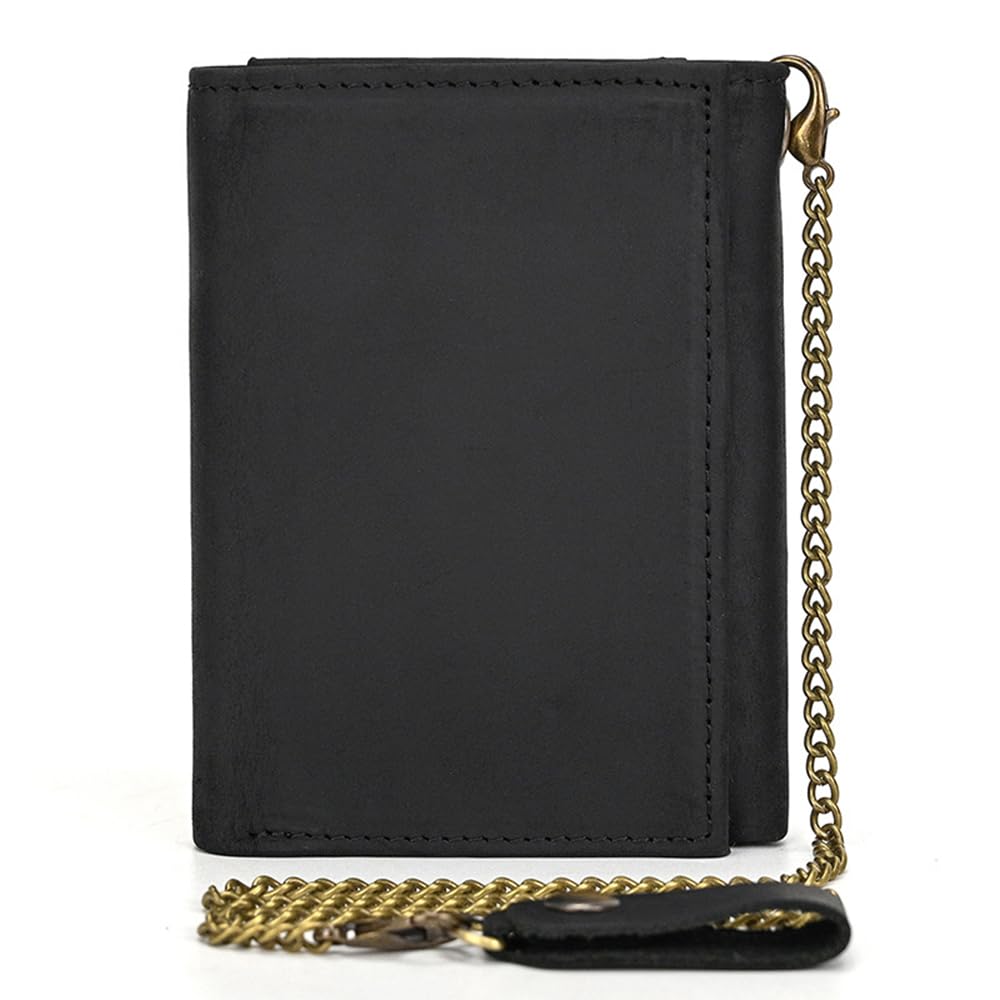 PINKPIN Mens Wallets with Chains, Genuine Leather Trifold Wallet RFID Blocking Anti-Theft Chain for Biker, Motorcycle (Black)