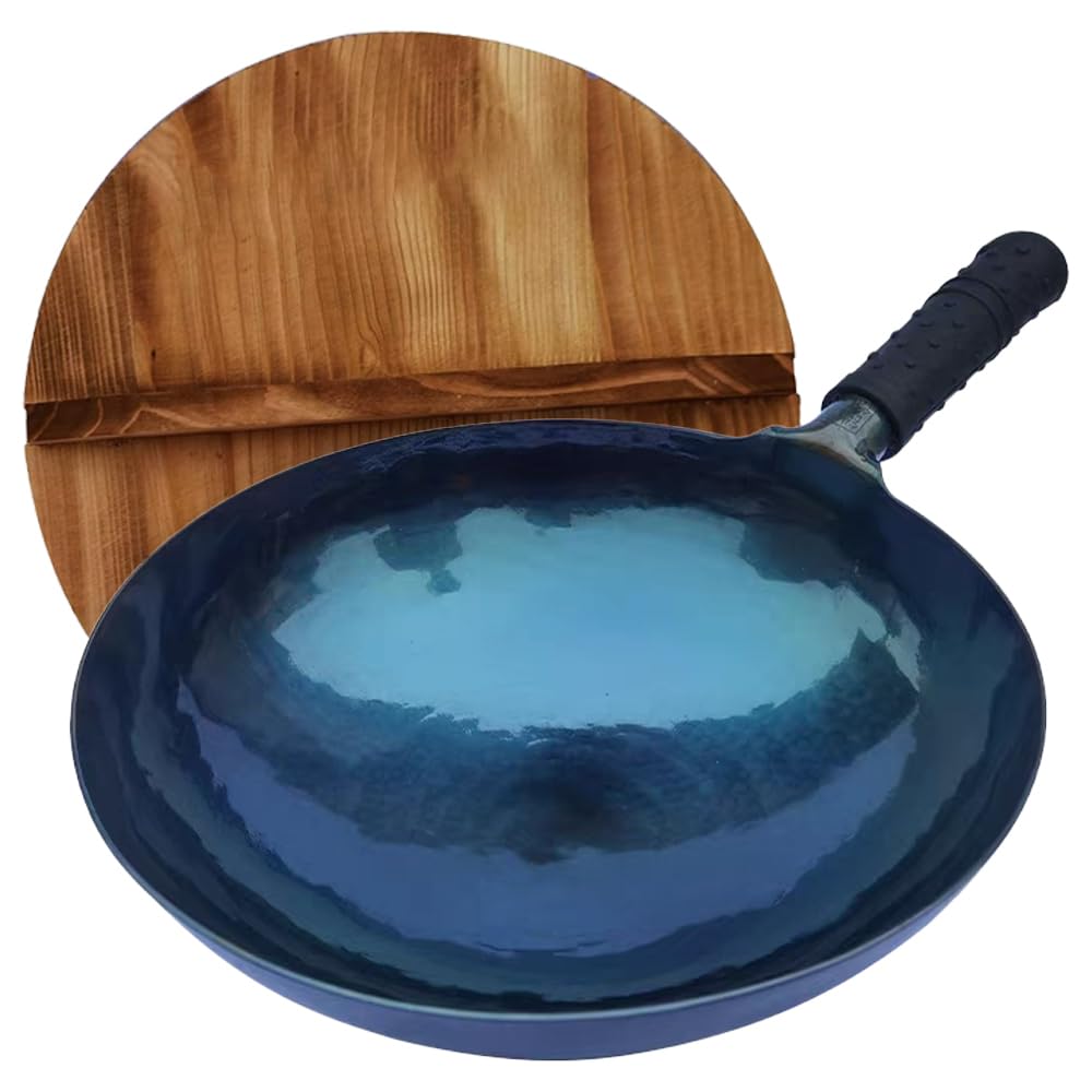 Lvhop iron wok with lid,13.5” woks & stir-fry pans nonstick,chinese traditional pans for open fire,large cookwares,cooking,bbq,grill,camping,blue pre-seasoned round bottom wok (34cm)