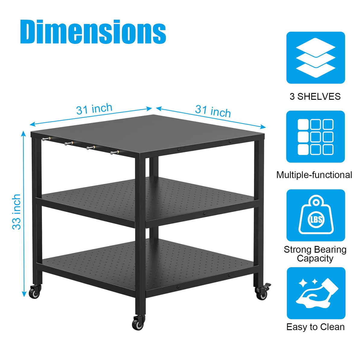 31x31x33 Inch Grill Cart for Outdoor Pizza Oven Table for Ooni, Blackstone, Ninja Grill Stand, Three-Shelf Movable Food Prep and Work Cart Station, Stainless Steel Trolley Table with Waterproof Cover