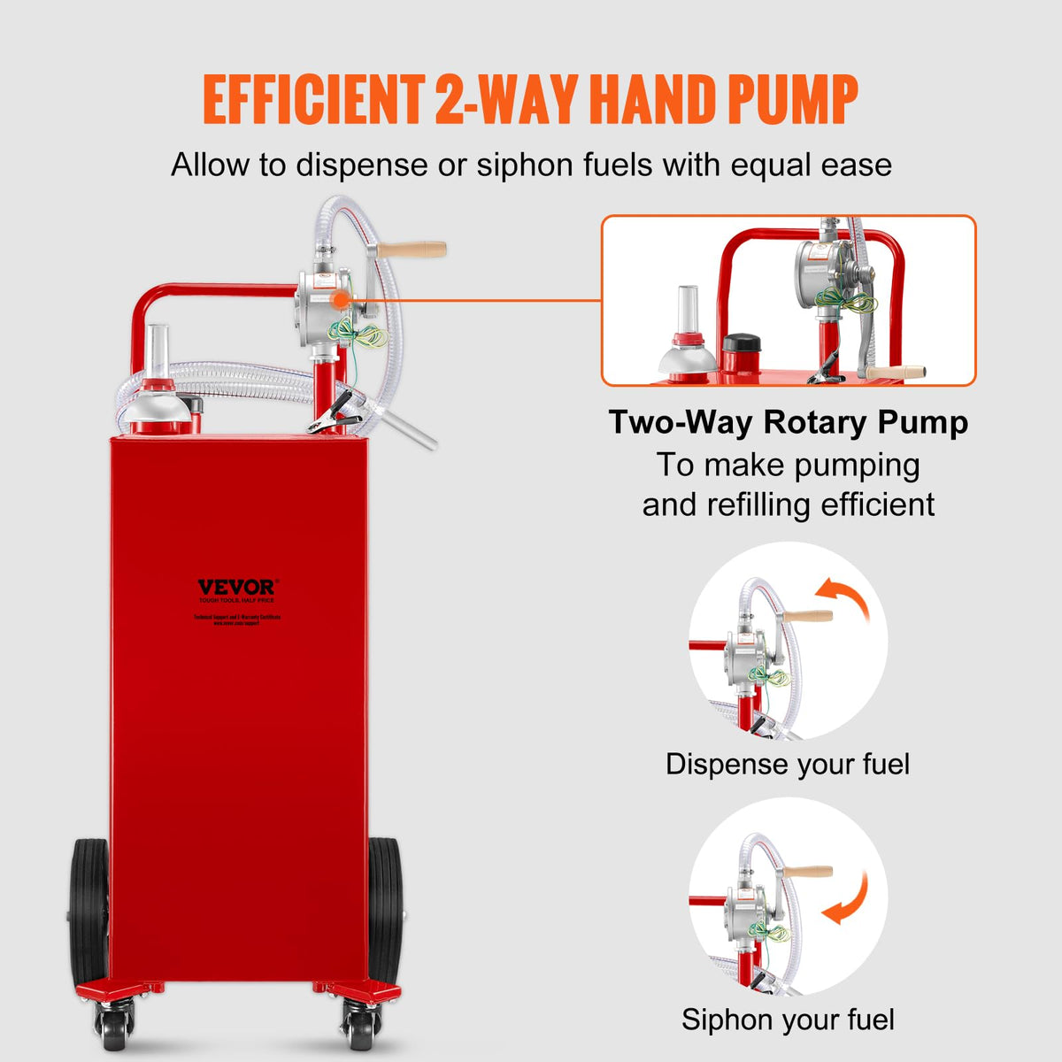 VEVOR Fuel Caddy 35 Gallon, Gas Storage Tank on 4 Wheels, with Manual Transfer Pump, Gasoline Diesel Fuel Container for Cars, Lawn Mowers, ATVs, Boats & More, Red