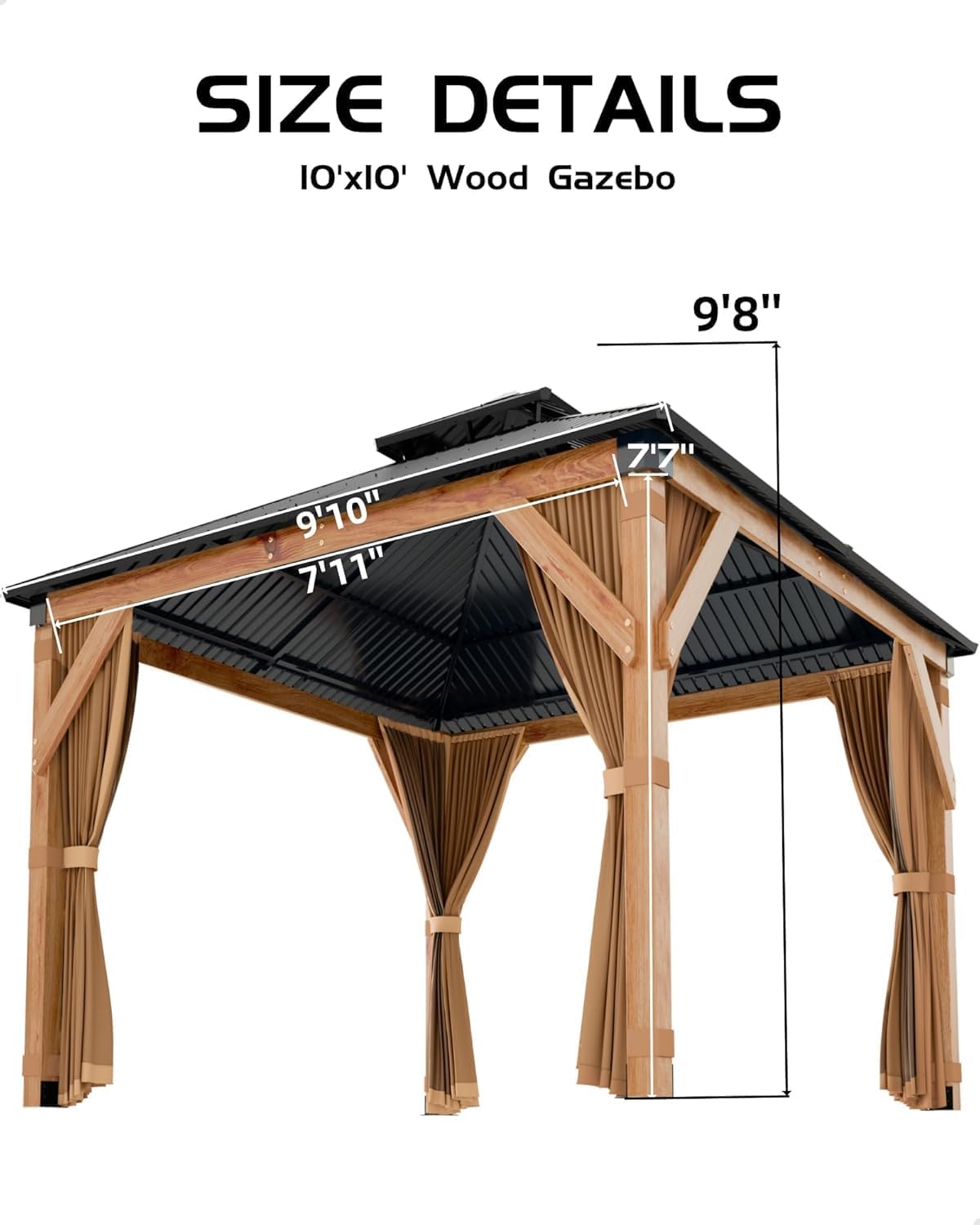 PeakPursuit Heavy Duty Hardtop Spruce Wood Gazebo 10'x10' – Double Metal Roof, 4.7'' Reinforced Poles, Waterproof Outdoor Pavilion with Curtains & Mosquito Netting – Ideal for Patio, Deck, Backyard